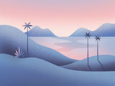 a painting of palm trees in the desert at sunset with mountains and water behind them