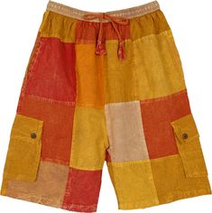 Set up for some summer hippie-style fun with these sunny-colored woven cotton shorts! With an elastic drawstring waist, pockets and box pockets in the front, the shorts are very hippie-comfy and in an easy pull-up style. The patchwork monochromatic patterns feature shades of orange and yellow. #tlb #vacationclothing #beachwrap #Solid #bohemianfashion #Pocket #BohemianShorts Bohemian Shorts, Hippie Summer, Fashion Shorts, Shorts Cotton, Orange Shorts, Bohemian Look, Orange Zest, Orange And Yellow, Shades Of Orange