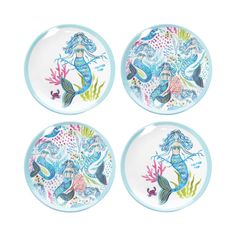 four plates with mermaids on them and under the seaweed design in blue, green, pink and white