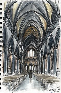 a drawing of a cathedral with arches and pillars