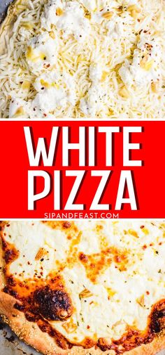 a white pizza with cheese on top and the words white pizza in red over it