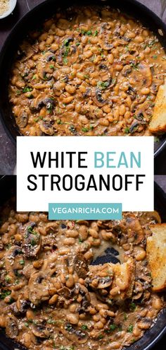 white bean stroganoni in a skillet with toasted bread on the side