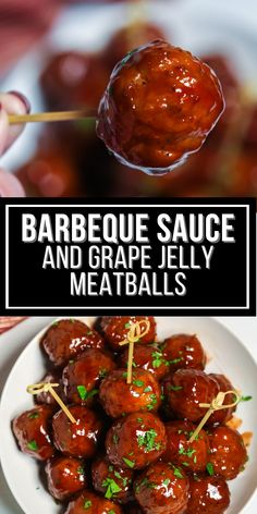 barbecue sauce and grape jelly meatballs on a white plate