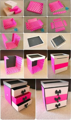 the steps to make a pink and white box with polka dotty designs on it