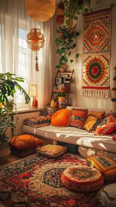 a living room filled with lots of pillows and rugs