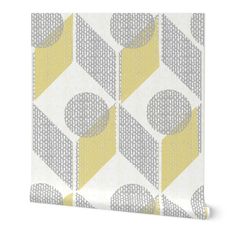 a yellow and grey wallpaper with geometric shapes on it's sides, in the middle