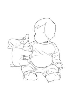 a black and white drawing of a baby sitting on the ground