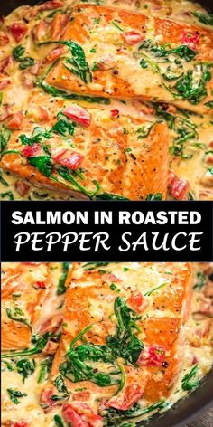 salmon in roasted pepper sauce with spinach