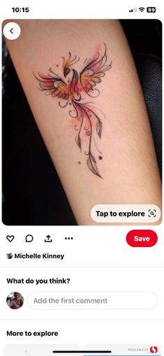 an image of a bird tattoo on someone's arm that says tap to explore what do you think? add the first comment