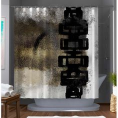 the shower curtain is decorated with black and white letters on an old - fashioned background