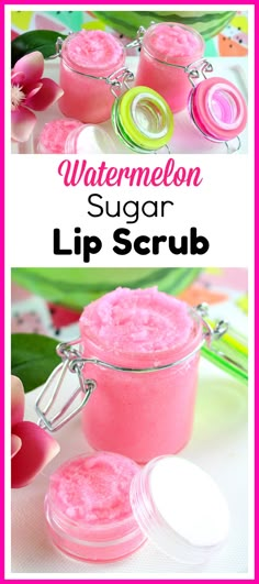 the ingredients to make watermelon sugar lip scrub are shown in two separate images