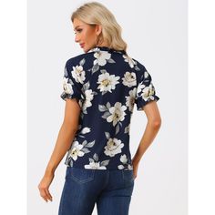 Crafted with soft and stretchy material, and printed with cute ditsy floral patterns, this chiffon top is perfect for ladies, teens, and girls. This pretty floral blouse has a relaxed-fit silhouette and flounces at the front, which highlights your charm. A ruffled frill neck and ruffle short sleeves with elastic cuffs would give an elegant and fashionable style. Perfectly paired with any pants or jeans for a casual look. Trendy Non-stretch Floral Print Blouse, Casual Blue Ditsy Floral Print Top, Casual Blue Top With Ditsy Floral Print, Casual Blue Tops With Ditsy Floral Print, Blue Ditsy Floral Print Short Sleeve Top, Blue Short Sleeve Top With Ditsy Floral Print, Blue Short Sleeve Tops With Ditsy Floral Print, Ruffle Top Blouses, Mock Neck Blouse