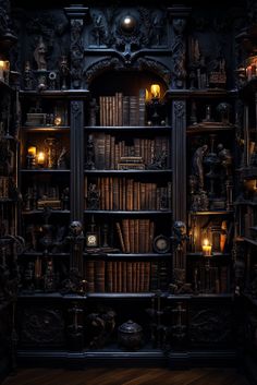 Goth Bookshelf, Goth Academia Aesthetic, Dark Academia Aesthetic Pictures, Goth Library, Gothic Bookshelf, Gothic Bookshelves, Black House Interior, Bookshelf Inspo, Gothic Library