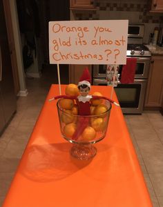 an elf is sitting in a glass bowl filled with oranges on the kitchen counter