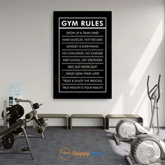 a gym room with exercise equipment and a sign on the wall that says gym rules