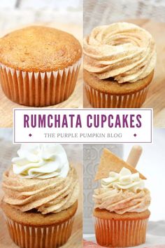 some cupcakes with frosting on top and the words rumchata cupcakes above them