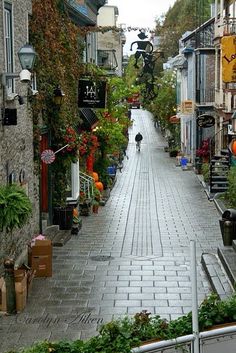 an empty street with lots of plants and buildings on both sides, surrounded by greenery