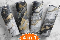 four different styles of marbled tumblers with gold and black designs on the sides