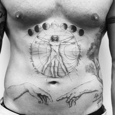 a man with tattoos on his stomach has the creation of human body in front of him