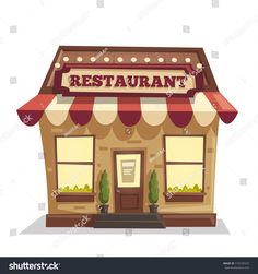 a restaurant building with red awnings on the front and windows royalty - art illustration