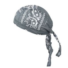 a black and white bandana hat with an intricate design on the front, tied in a knot