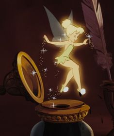 a cartoon tinkerbell flying over a mirror with a feather in it's hand