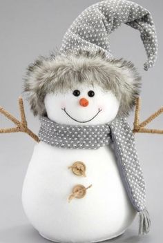 a snowman with a hat and scarf on it's head is posed in front of a gray background