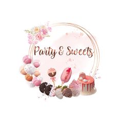 a party and sweets logo with lots of desserts