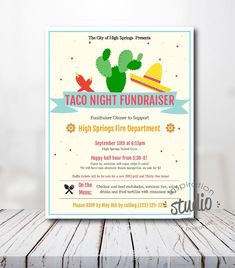 a flyer for a taco night fundraiser with cactuses and mexican hats on it