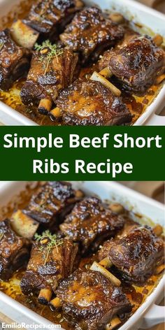 two pictures of beef short ribs in a casserole dish