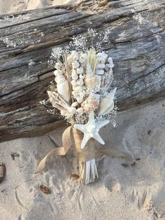 a bouquet of seashells and starfish tied to a piece of driftwood