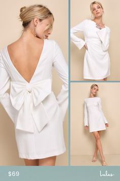 Make your debut in style with the Lulus Elegant Cutie Ivory Bow Long Sleeve Backless Mini Dress! This ultra-chic dress has a slightly stretchy woven composition that shapes an elegant boat neckline and a princess-seamed bodice, all framed by long, bell-style sleeves. High, fitted waist sits atop a figure-skimming bodycon skirt that ends at a mini hem. Turn around to reveal an open back design that finishes with an oversized bow detail. Hidden side zipper/clasp. Fit: This garment fits true to size. Length: Mid-thigh. Size medium Bust: Great for any cup size. Waist: Fitted - very fitted at natural waist. Hip: Loosely Fitted. Undergarments: May be worn with an adhesive bra, petals, or no bra. Fabric: Fabric has some stretch. Bodice and skirt are lined. Shell: 97% Polyester, 3% Spandex. Lining White Dress With Back Zipper For Date Night, Fitted Boat Neck Dress For Date Night, White Evening Dress With Bow Tie Back, White Bow Tie Back Evening Dress, Elegant Cocktail Mini Dress With Bow Tie Back, Chic Boat Neck Mini Dress For Spring, Chic Spring Mini Dress With Boat Neck, Chic Boat Neck Party Dress, Elegant Boat Neck Dress For Date Night