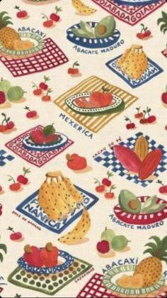 a table cloth with fruit and vegetables on it