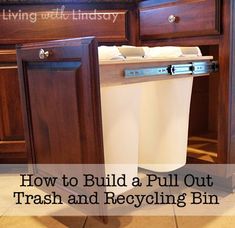 How to build a pull out trash and recycling bin - such a lifesaver in the kitchen! Via MakelyHome.com Pull Out Trash Cans, Trash And Recycling Bin, Blonde Brunette, Recycle Trash, Trash Bins, Farmhouse Sink, Cheap Decor, Recycling Bins, Diy Home Improvement