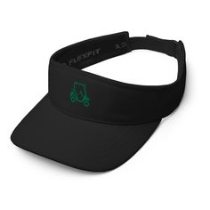 the flexfit golf visor is black and has green embroidered logo on it