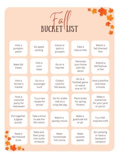 the fall bucket list is shown in orange and white, with leaves on it's sides