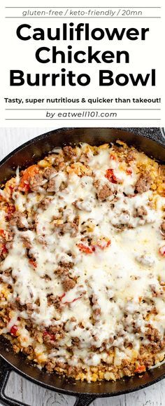 a casserole dish with meat and cheese in it on a white table top