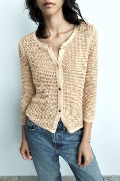 METALLIC THREAD KNIT CARDIGAN - Golden | ZARA United States Elegant Beige Textured Knit Cardigan, Feminine Beige Knit Sweater, Feminine Textured Knit Top, Elegant Soft Knit Top For Spring, Chic Textured Knit Cardigan, Chic Beige Pointelle Knit Sweater, Chic Cream Crew Neck Cardigan, Chic Pointelle Knit Top, Summer Pointelle Knit Top For Work