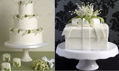 two different cakes decorated with white flowers and ribbons, one has a gift box on top