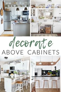 some white cabinets in a kitchen with green lettering on the top and bottom right corner