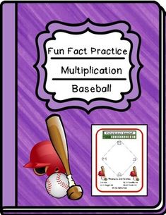 a purple book cover with a baseball bat and ball on it, in front of the words fun fact practice multiplication base ball