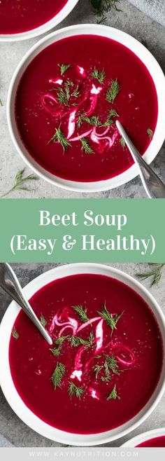 two bowls filled with beet soup and garnished with fresh herbs