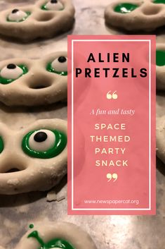 alien pretzels with green eyes and googly eyes on them, are ready to be eaten