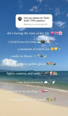 an image of the beach with text that says she's having the time of her life