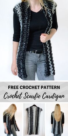 a woman wearing a black and white crochet cardigan with text overlay that says free crochet pattern