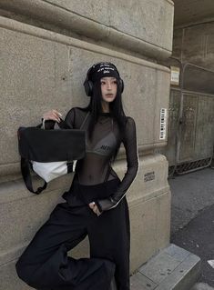 Korean Fashion 2024, Transparent Shirt Outfit, Ribbon Outfits, Black Mesh Top Outfit, Glasses Outfits, Ribbon Sleeves, Mesh Top Outfit, Korean Winter Outfits, Acubi Fashion