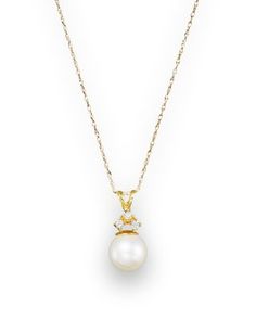 Cultured Freshwater Pearl and Diamond Pendant Necklace in 14K Yellow Gold, 18 Pearl Diamond Pendant, Pearl Diamond, Diamond Pendant Necklace, Pearl Pendant, Diamond Pendant, Fresh Water, Freshwater Pearls, Yellow Gold, Yellow