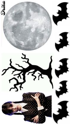 a woman standing in front of a full moon with bats flying over her head and on the tree branch