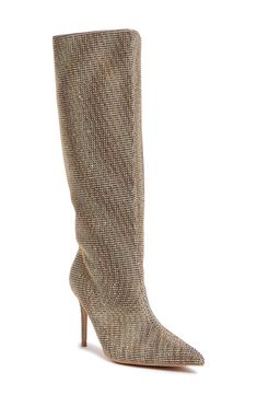 Show off sophisticated style in this shimmery houndstooth knee-high boot balanced by a pointed toe and slender heel. 3 3/4" heel 11 1/4" shaft; 13" calf circumference Side zip closure Textile upper/synthetic lining and sole Imported Glamorous Knee-high Boots For Fall, Gold Knee-high Winter Boots, Gold Knee-high Heeled Boots For Fall, Elegant Pointed Toe Gold Knee-high Boots, Chic Gold Knee-high Boots For Fall, Chic Gold Knee-high Boots For Evening, Gold Formal Boots For Winter, Elegant Gold Knee-high Boots With Pointed Toe, Elegant Gold Knee-high Boots For Party