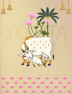 two cows standing next to each other in front of pink flowers and gold bells hanging from the ceiling